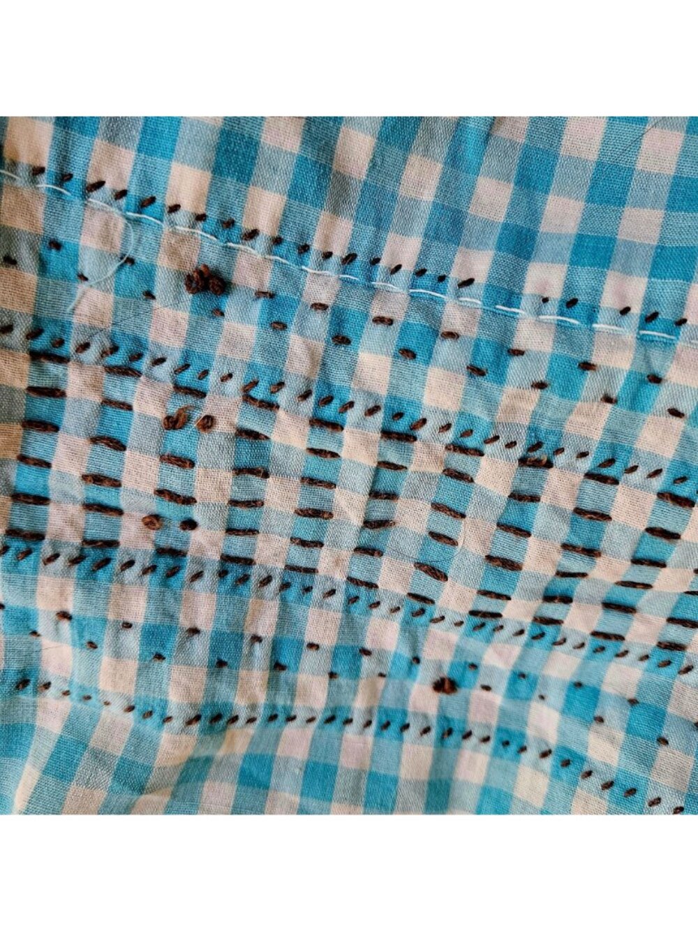 Vintage Handmade Turquoise Gingham Half Apron Hand Embroidery Rickrack Cotton - Picture 14 of 16